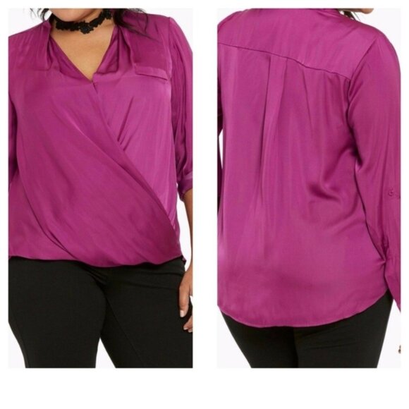 Torrid Satin Surplice Feminine Coquette Button Sleeve Pocket Blouse Purple 2X - Picture 1 of 8